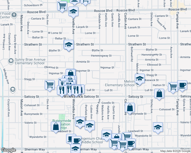 map of restaurants, bars, coffee shops, grocery stores, and more near 19917 Stagg Street in Los Angeles
