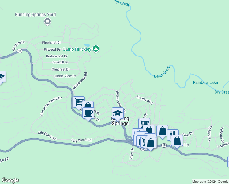 map of restaurants, bars, coffee shops, grocery stores, and more near 31785 Wagon Wheel Drive in Running Springs