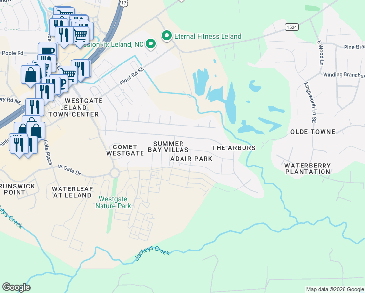 map of restaurants, bars, coffee shops, grocery stores, and more near 6453 Lucerna Place in Leland