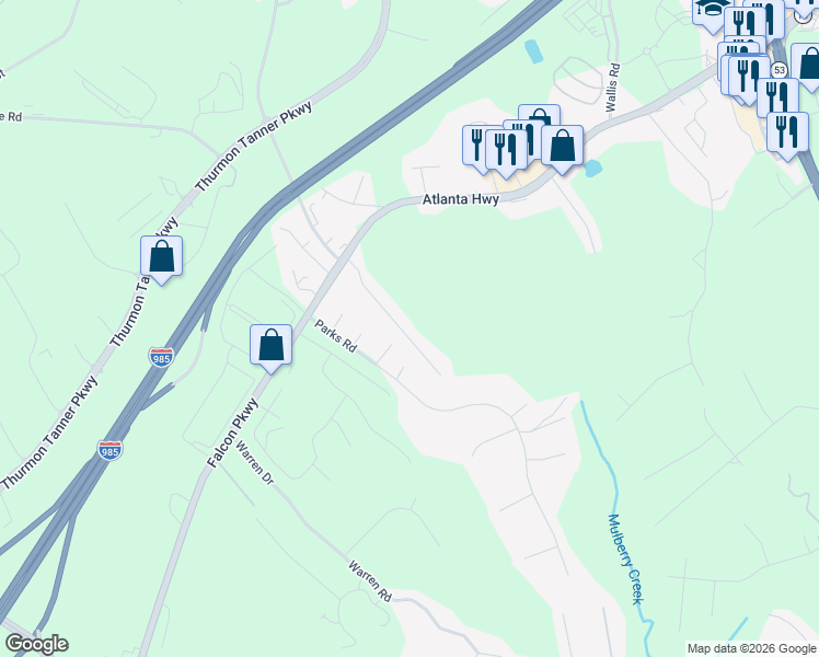 map of restaurants, bars, coffee shops, grocery stores, and more near 3827 Chadwick Drive in Flowery Branch