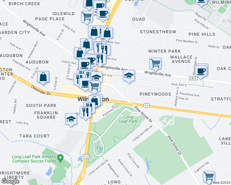 map of restaurants, bars, coffee shops, grocery stores, and more near 212 Pine Grove Drive in Wilmington
