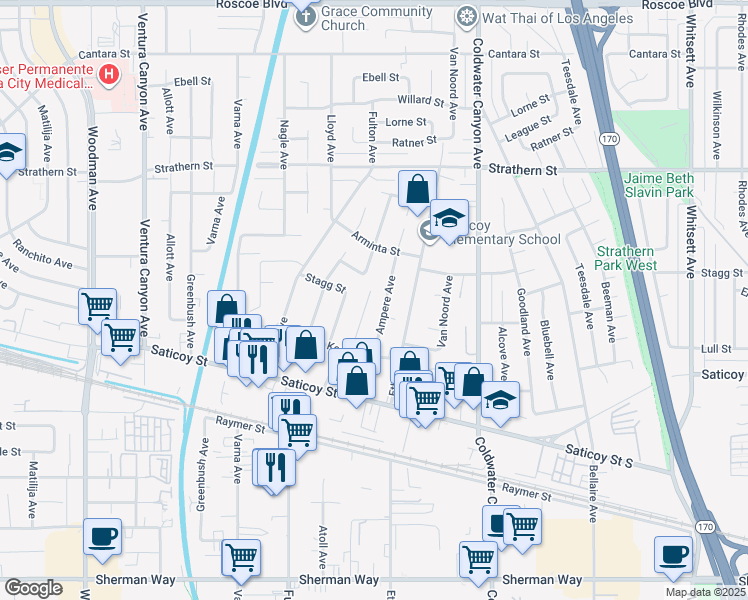 map of restaurants, bars, coffee shops, grocery stores, and more near 7744 Mary Ellen Avenue in Los Angeles