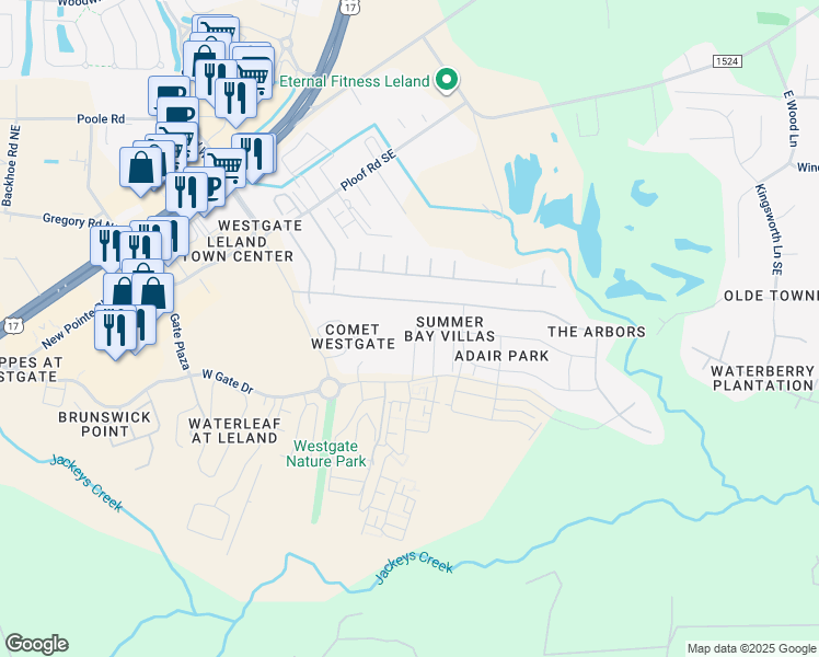 map of restaurants, bars, coffee shops, grocery stores, and more near 9437 Night Harbor Drive Southeast in Leland