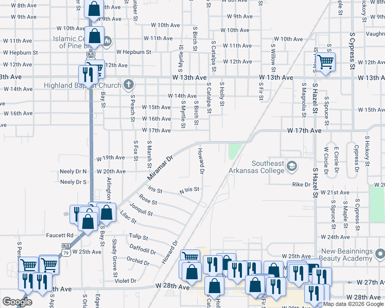 map of restaurants, bars, coffee shops, grocery stores, and more near 1802 Edmar Drive in Pine Bluff