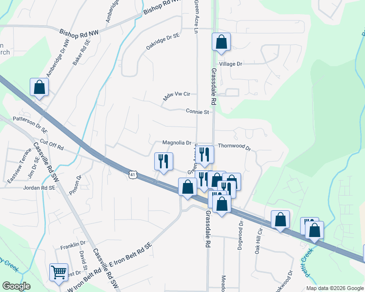 map of restaurants, bars, coffee shops, grocery stores, and more near 10 Magnolia Drive in Cartersville