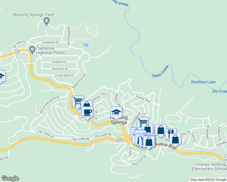map of restaurants, bars, coffee shops, grocery stores, and more near 31785 Wagon Wheel Drive in Running Springs