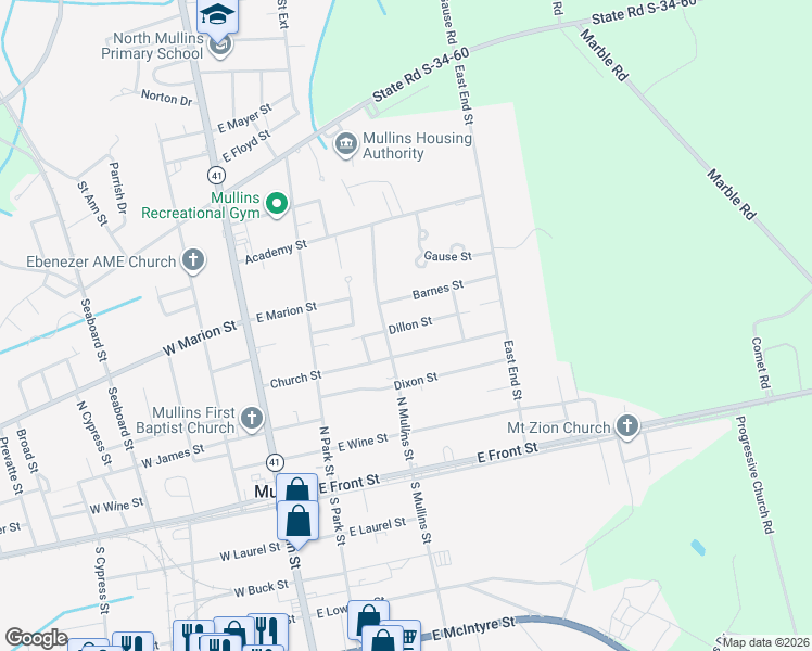map of restaurants, bars, coffee shops, grocery stores, and more near 309 East Church Street in Mullins