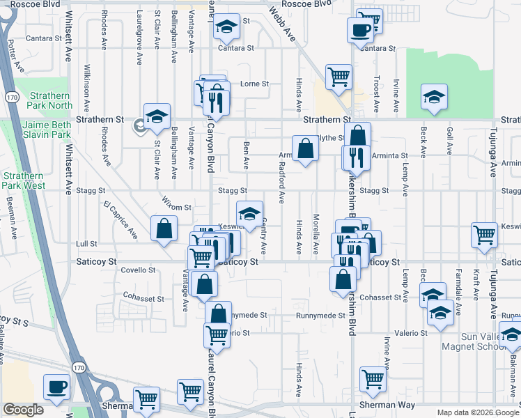 map of restaurants, bars, coffee shops, grocery stores, and more near 7729 Gentry Avenue in Los Angeles