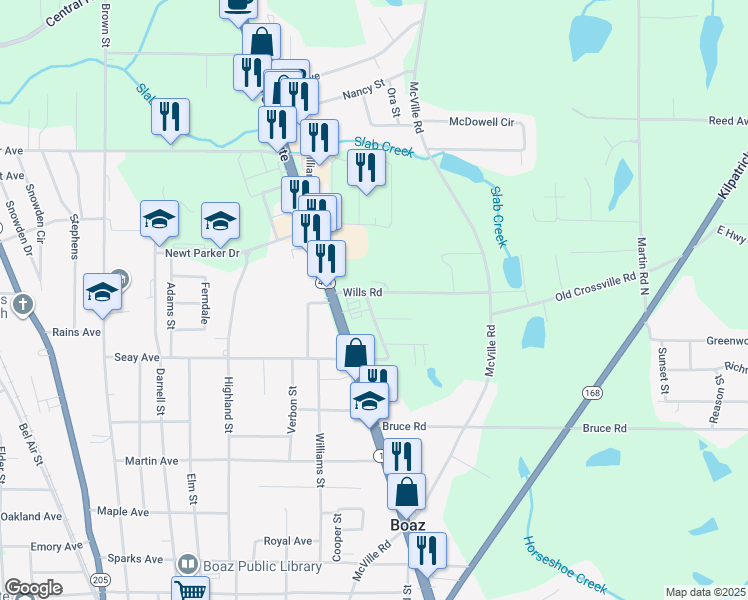map of restaurants, bars, coffee shops, grocery stores, and more near 1736 Alabama 1 in Boaz