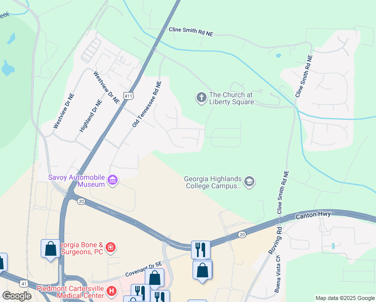 map of restaurants, bars, coffee shops, grocery stores, and more near 60 Freedom Drive Northeast in Cartersville