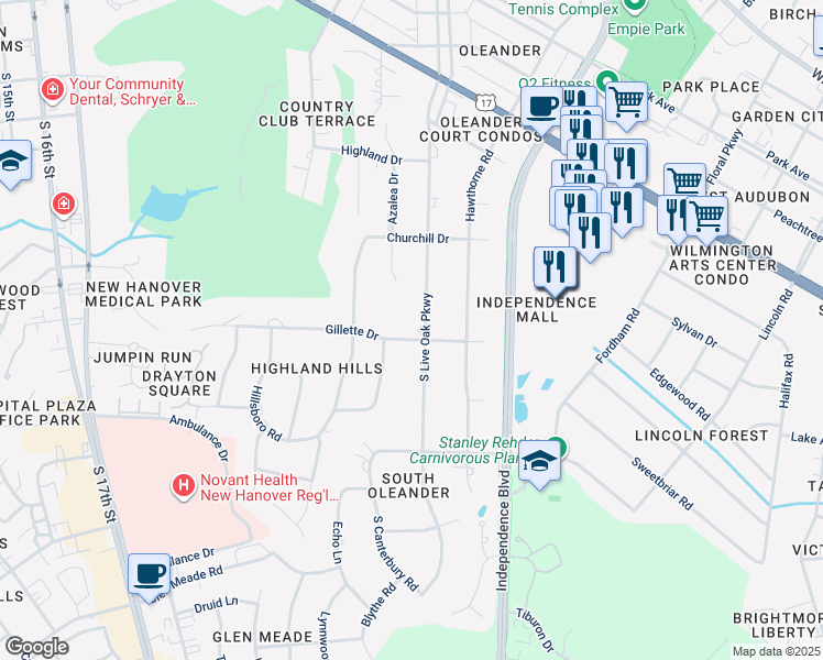 map of restaurants, bars, coffee shops, grocery stores, and more near 1840 South Live Oak Parkway in Wilmington