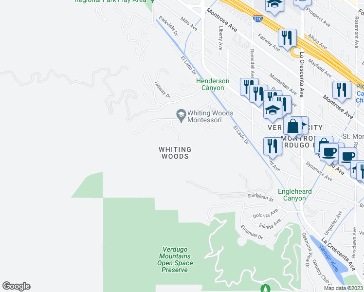 map of restaurants, bars, coffee shops, grocery stores, and more near 3611 Mesa Lila Lane in Glendale