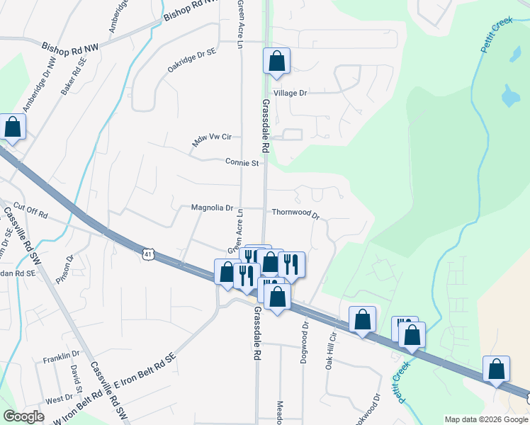 map of restaurants, bars, coffee shops, grocery stores, and more near 471 Grassdale Road in Cartersville