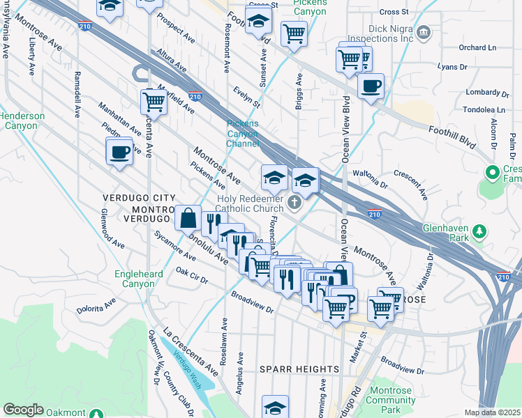 map of restaurants, bars, coffee shops, grocery stores, and more near 2503 Manhattan Avenue in La Crescenta-Montrose