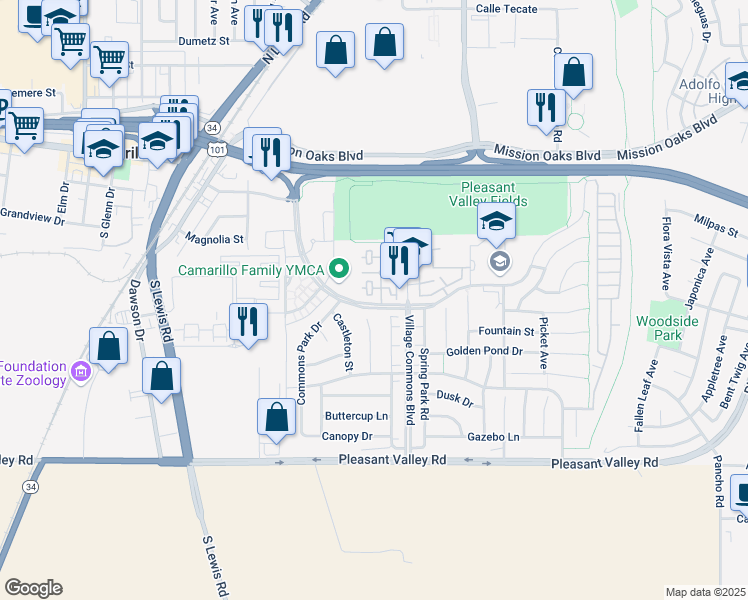 map of restaurants, bars, coffee shops, grocery stores, and more near 324 Twilight Court in Camarillo