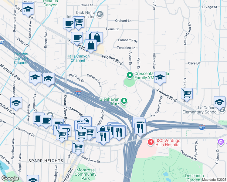 map of restaurants, bars, coffee shops, grocery stores, and more near 4339 Purtell Drive in La Cañada Flintridge