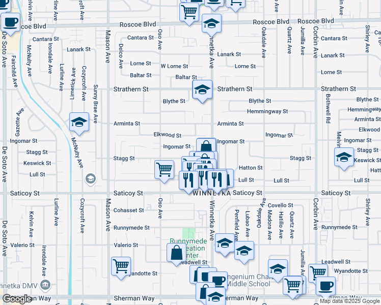 map of restaurants, bars, coffee shops, grocery stores, and more near 20204 Stagg Street in Los Angeles
