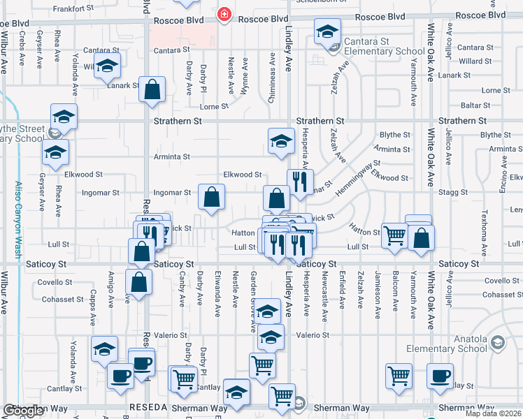 map of restaurants, bars, coffee shops, grocery stores, and more near 7732 Garden Grove Avenue in Los Angeles