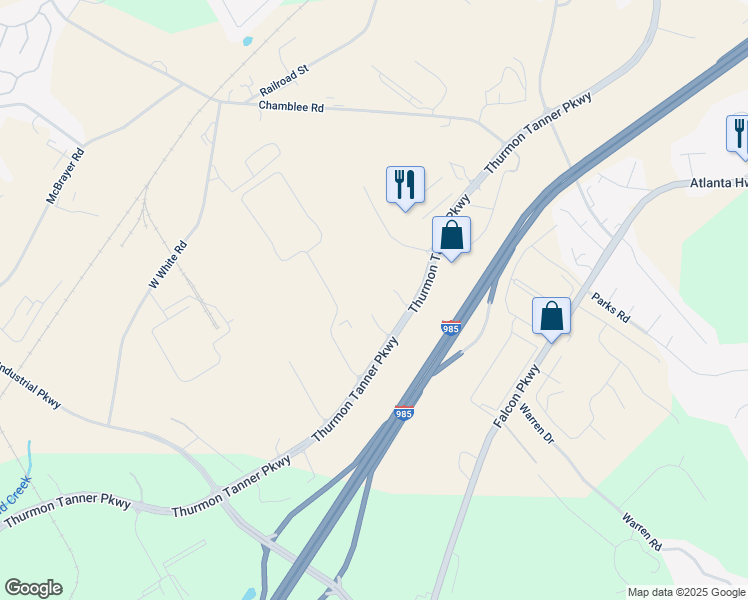 map of restaurants, bars, coffee shops, grocery stores, and more near 4105 Commerce Street in Flowery Branch