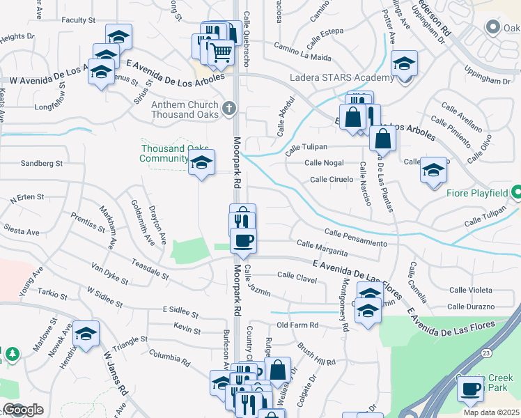 map of restaurants, bars, coffee shops, grocery stores, and more near 710 Calle Cardo in Thousand Oaks