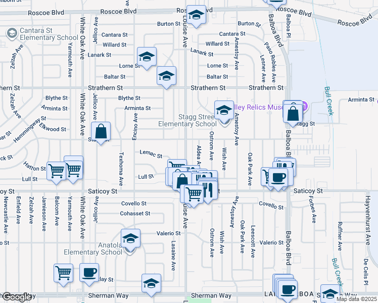 map of restaurants, bars, coffee shops, grocery stores, and more near 7734 Louise Avenue in Los Angeles