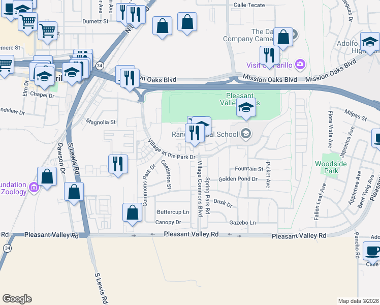 map of restaurants, bars, coffee shops, grocery stores, and more near 290 Riverdale Court in Camarillo