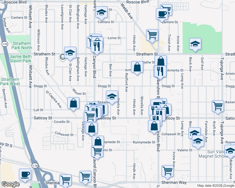 map of restaurants, bars, coffee shops, grocery stores, and more near 7729 Gentry Avenue in Los Angeles
