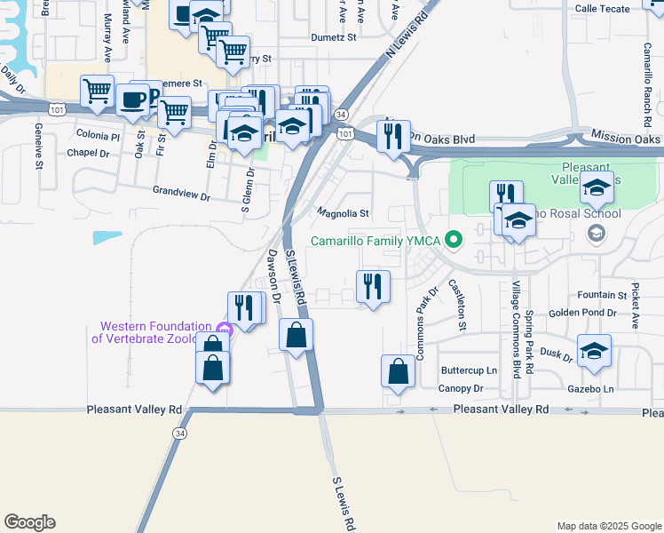 map of restaurants, bars, coffee shops, grocery stores, and more near 300 South Lewis Road in Camarillo