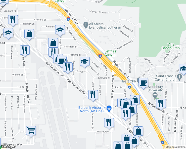 map of restaurants, bars, coffee shops, grocery stores, and more near 10139 Stagg Street in Los Angeles