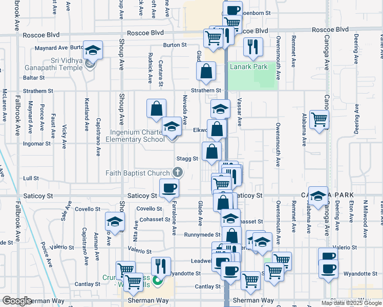 map of restaurants, bars, coffee shops, grocery stores, and more near 7738 Nevada Avenue in Los Angeles
