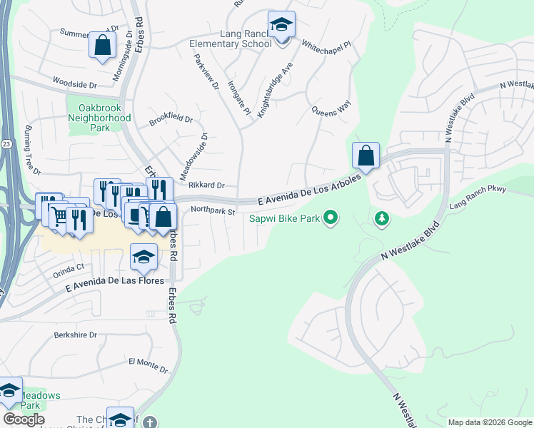 map of restaurants, bars, coffee shops, grocery stores, and more near 2202 Aspenpark Court in Thousand Oaks