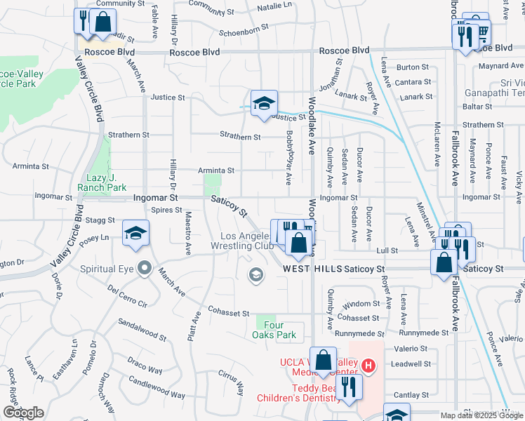 map of restaurants, bars, coffee shops, grocery stores, and more near 7746 Jason Avenue in Los Angeles