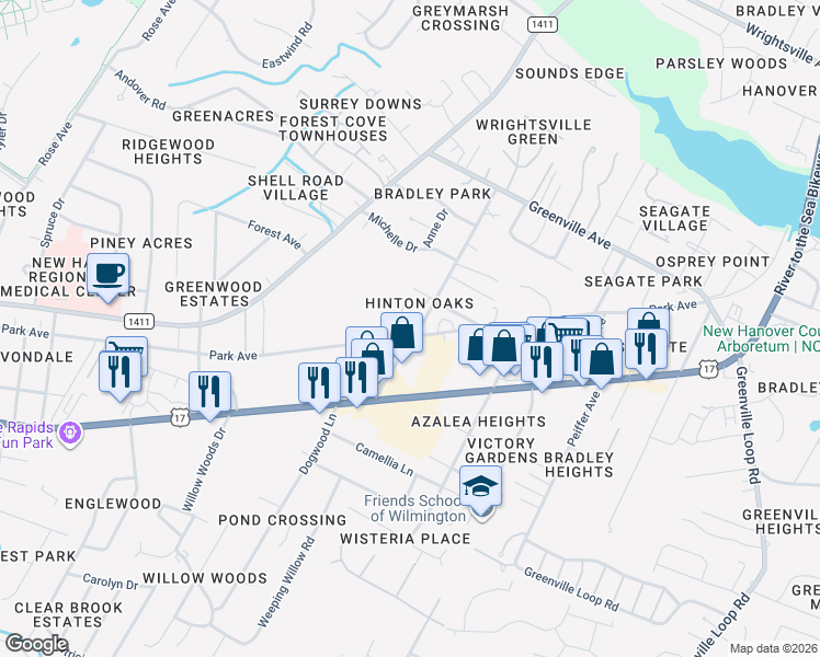 map of restaurants, bars, coffee shops, grocery stores, and more near 5632 Juneberry Court in Wilmington
