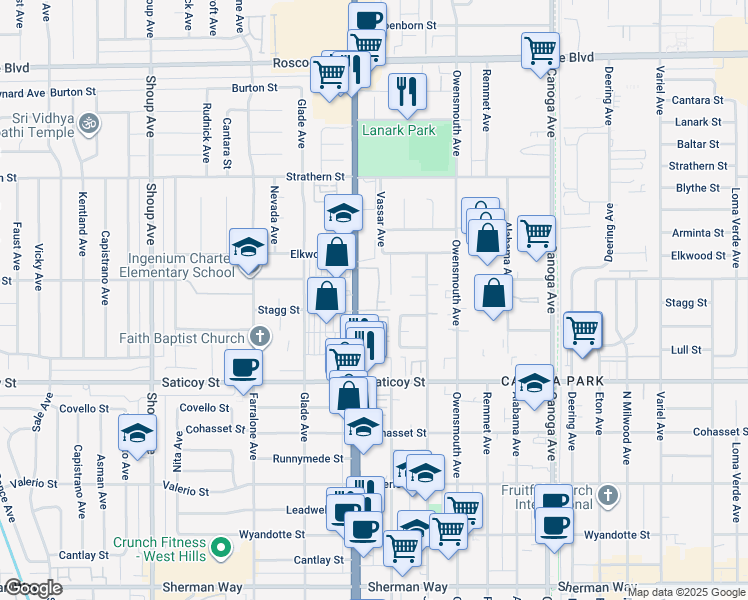 map of restaurants, bars, coffee shops, grocery stores, and more near 7700 Topanga Boulevard in Los Angeles