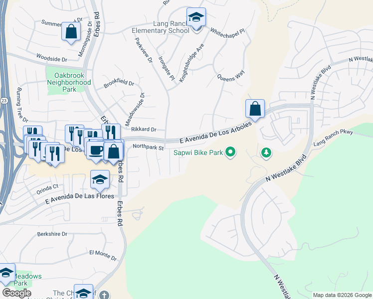 map of restaurants, bars, coffee shops, grocery stores, and more near 2202 Aspenpark Court in Thousand Oaks