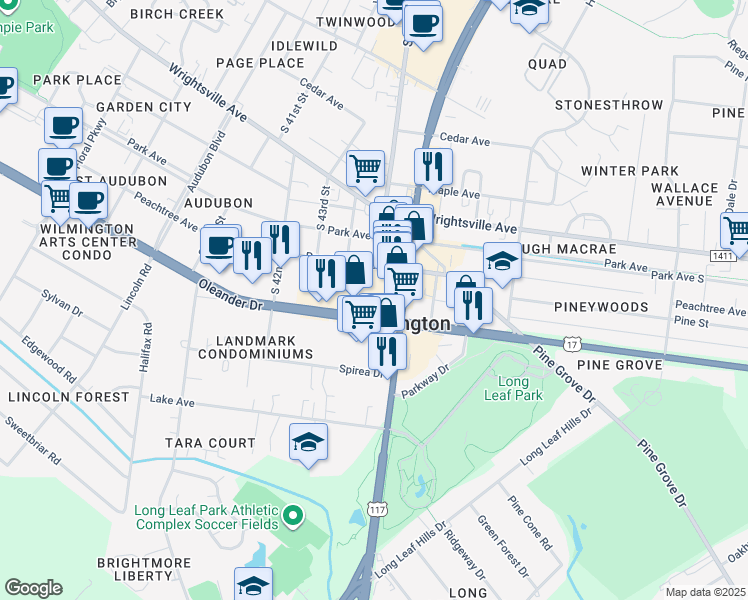 map of restaurants, bars, coffee shops, grocery stores, and more near in Wilmington