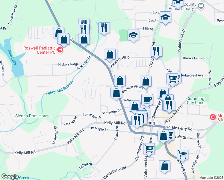 map of restaurants, bars, coffee shops, grocery stores, and more near 312 Canton Road in Cumming