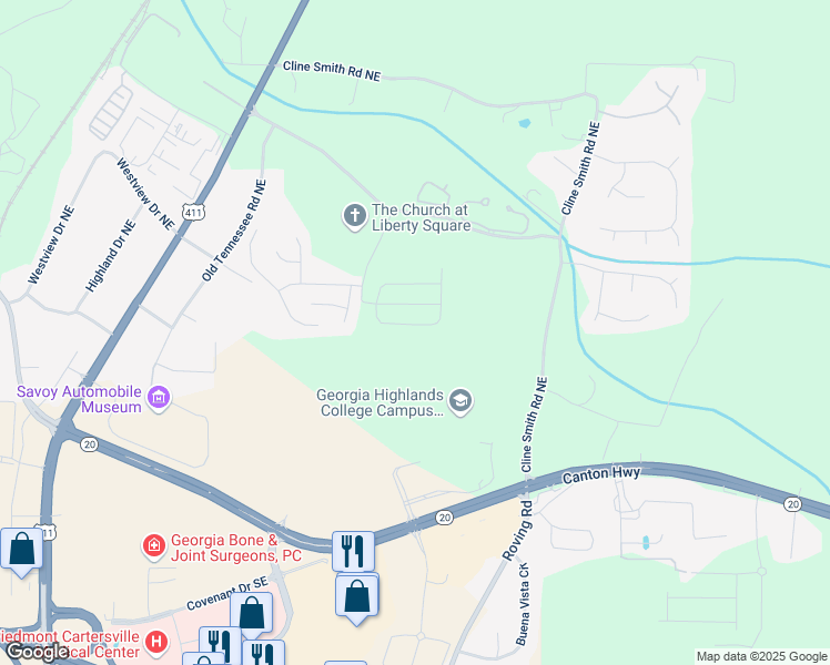 map of restaurants, bars, coffee shops, grocery stores, and more near 226 Eva Way in Cartersville
