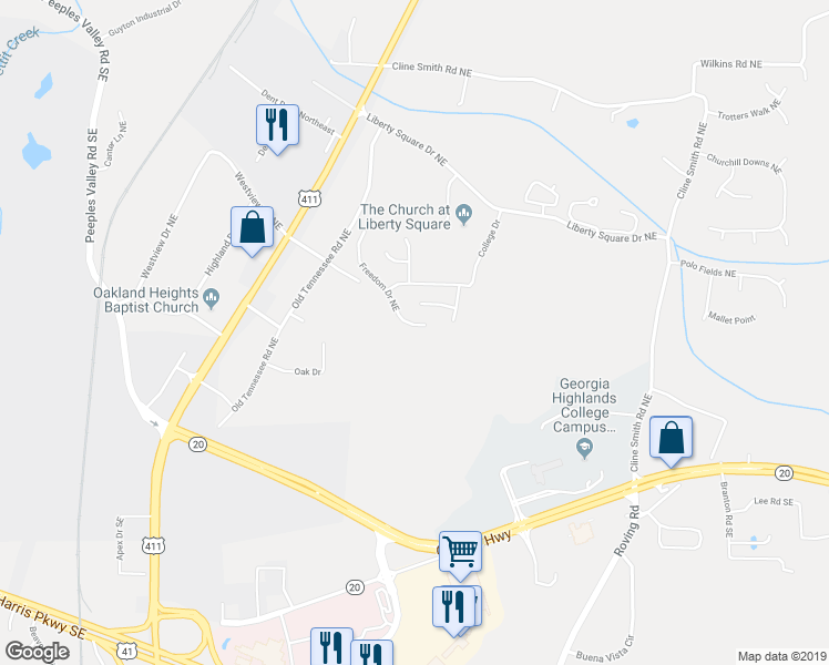 map of restaurants, bars, coffee shops, grocery stores, and more near 60 Freedom Drive Northeast in Cartersville