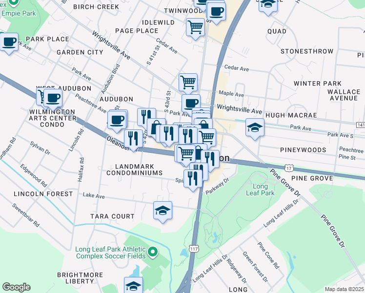 map of restaurants, bars, coffee shops, grocery stores, and more near 4400-4404 Oleander Dr in Wilmington