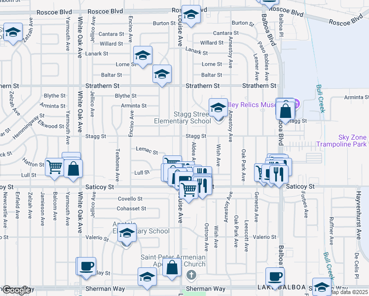 map of restaurants, bars, coffee shops, grocery stores, and more near 7734 Louise Avenue in Los Angeles