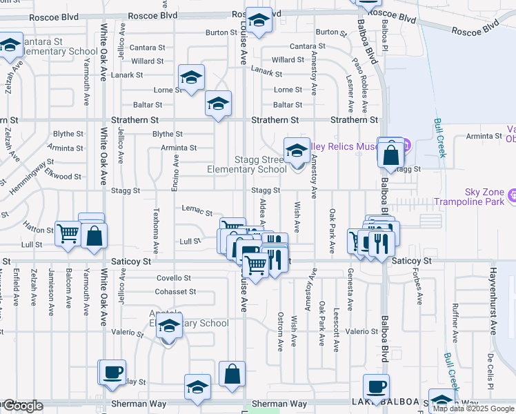 map of restaurants, bars, coffee shops, grocery stores, and more near 7731 Aldea Avenue in Los Angeles