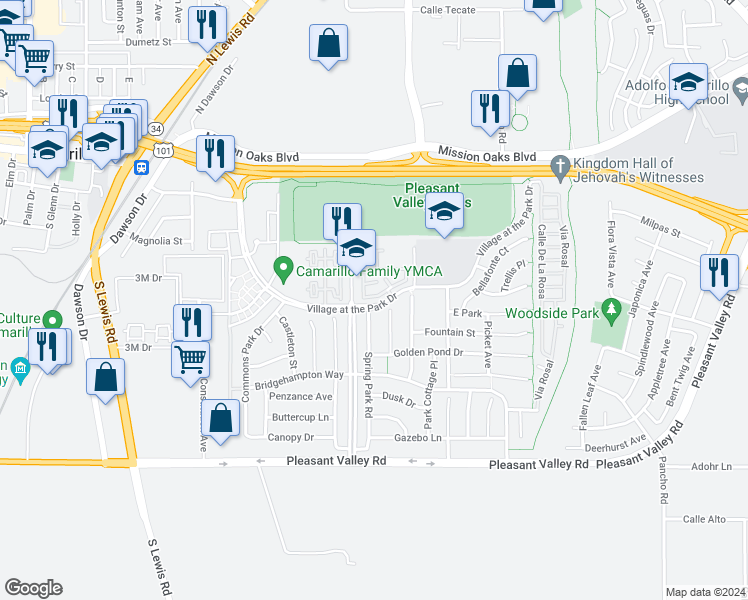 map of restaurants, bars, coffee shops, grocery stores, and more near 3310 Rockhampton Drive in Camarillo