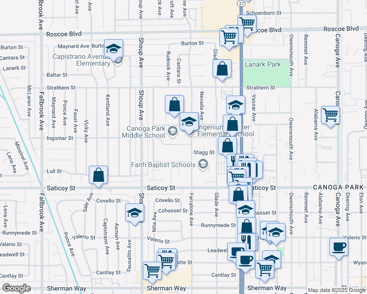 map of restaurants, bars, coffee shops, grocery stores, and more near 7738 Nevada Avenue in Los Angeles