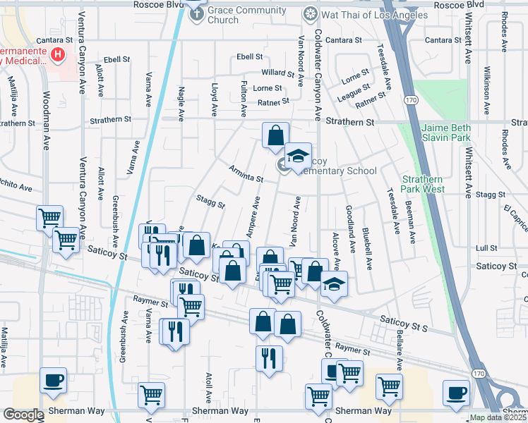 map of restaurants, bars, coffee shops, grocery stores, and more near 7737 Ethel Avenue in Los Angeles