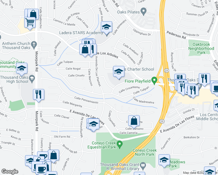 map of restaurants, bars, coffee shops, grocery stores, and more near 1253-1299 Calle Tulipan in Thousand Oaks