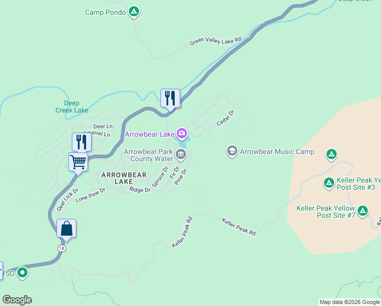 map of restaurants, bars, coffee shops, grocery stores, and more near 33432 Lakeview Drive in Big Bear