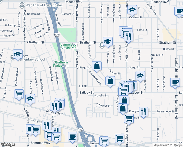 map of restaurants, bars, coffee shops, grocery stores, and more near 7748 El Caprice Avenue in Los Angeles