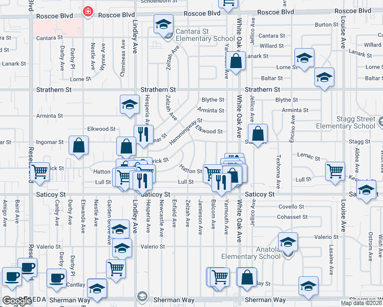 map of restaurants, bars, coffee shops, grocery stores, and more near 7741 Zelzah Avenue in Los Angeles