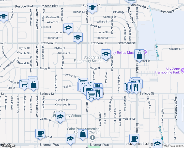 map of restaurants, bars, coffee shops, grocery stores, and more near 7731 Aldea Avenue in Los Angeles